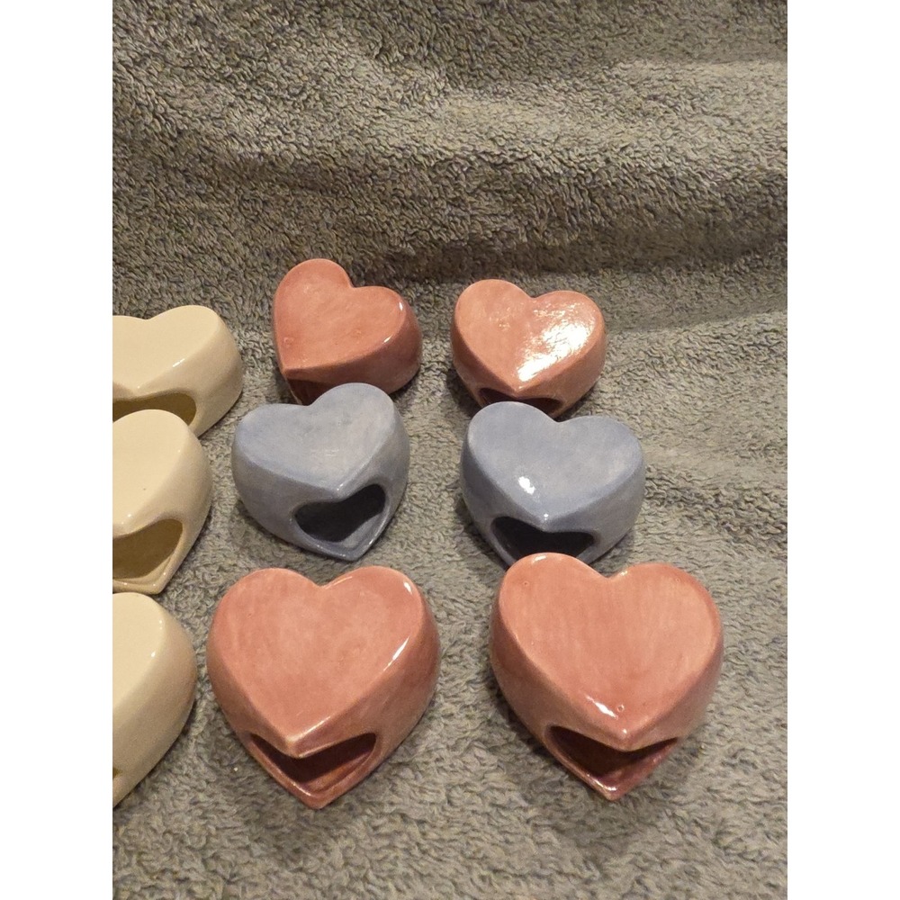 Set Of 12 Heart Shaped Ceramic Napkin Rings Pink Blue And White - Picture 2 of 5